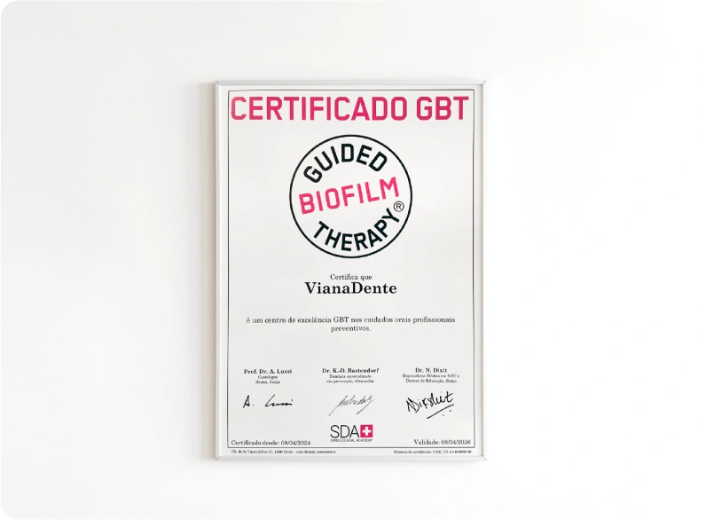 Certificado do Protocolo GBT da Vianadente para higiene oral certificada.